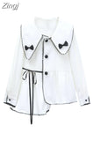 Blouse For Women Long Sleeve Button Up Bow White Shirt Korean Casual Loose Chic Peter Pan Collar Office Ladies Shirts