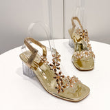 Large Square Head Crystal And Flower Sandals Female Feel Tight With Temperament High-Heeled Fashion