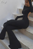 Summer Y2K Solid Black Basic Bodysuit for Women Fashion Long Sleeves Halter Backless Flare Pants Simple Casual