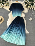 Women Pleated Two Piece Set Vintage Round Neck Short Sleeve Tops + High Waist Draped Skirt Gradient Suit Female New