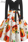 Women Christmas Dress Winter Long Sleeve V Neck Pumpkin Print Halloween Costume Party Dresses Casual Vintage S~3XL