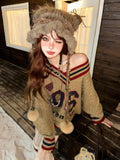 Brown V-neck Letter Print Oversize Sweater- Outfit