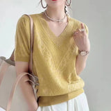 Goods Design Sense V-Neck Knitted T-Shirt Girl 2025 Spring And Summer New Loose Fashion Thin Short-Sleeved