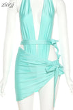 Summer Sexy Beach Vacation Two Piece Set Women Solid Skinny V Neck Low Chest Bikini Bodysuit Skirt Matching