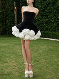 Black Strapless 3d Floral A-Line Mini Dress- Outfit