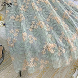 Embroidery Tulle Skirt Women Spring Flower Elastic High Waist Pleated Midi Skirt Korean Style Elegant A-line Mujer