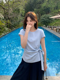Xixi 13 Line 2025 Summer New Temperament Round Collar Bottom Strap With Short-Sleeved T-Shirt Top