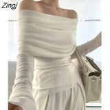 Style Sweaters Women Chic Spring Slash Neck Elegant Cozy Long Sleeve Knitwear Slim Fashion Ladies Daily All-match
