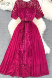 Women Lace Patchwork Pleated Long Dress Elegant Round Neck Short Sleeve High Waist Draped Party Maxi Vestidos Female