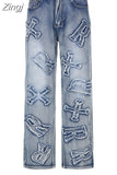 Streetwear Grunge Letter Patched Distressed Women Jeans Straight Casual Y2K Design Denim Trousers Korean Style