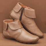 New Women's Boots Large-Size Round Leather Face Boots Suture Side Zipper Martin Boots Flip Large Size Women's