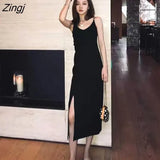 Dress Women Side-slit V-Neck Temperament Elegant Black Spaghetti-strap Sexy Female Vestidos French Retro Stylish