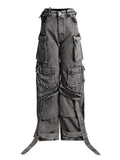 Zingj 2024 New Street Hipster Multi-Pocket Decoration Ribbon Design Sense Jeans Women's Hollow Out Cargo