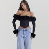 Zingj Women's Winter 2023 New Sexy Maomao One-Line Collar Off-Shoulder Gauze Long Sleeve Irregular