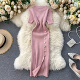 Summer New Knee Tight Elastic Knitted Dress Open Design Buckle Round Neck Dress Short