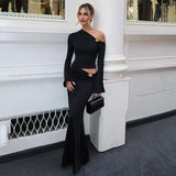 New Women's Fashion Personality Slanted Shoulder Metal Decorative Horn Sleeve Top High Waist Half Skirt