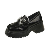Bottom Mary Jane Small Leather Shoes Female 2025 New British Wind Pine Platform Bottom Metal Rhinestone Chain Loafer Single