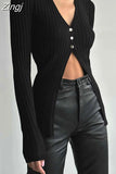 Streetwear Fashion Black Knit Cardigan for Women V Neck Buttons Sexy Autumn Sweater Slim Basic Knitwear Elegant