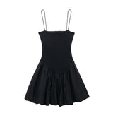 Spring Style Fluffy Poplin Rib Spliced Suspender Dress