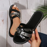 Snake-Print Flat-Bottomed Slippers Women Rivet Leopard-Print Beach Cold