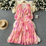 Temperament Elegant Dress Women's High-End Lantern Sleeves To Close The Waist Thin V-Neck Print Lotus Leaf Side