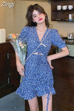 Women Short Puff Sleeves A-line Shirring Mini Design Sexy Holiday V-neck Cozy Vintage Fashion Casual Tunic Brisk