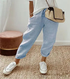 Women Cotton Tample Waist Nine Trousers Casual Women's