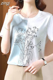 Fashion Women Shirt Silk Blouses for Woman Short Sleeve Shirts Tops Woman White Print Pullover Summer OL Blouse Tops