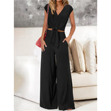 Women's Clothing 2025 New Summer V Tie With Open-Vum Wide Leg Trousers Casual Fashion