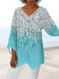 Women's Clothing 2025 Summer New T-Shirt Casual Loose Irregular Print Long-Sleeved V-Neck