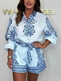Women's Long-Sleeved Shirt Shorts With Positioning Printing Casual Two-Piece Set Of Women