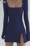 Elegant Square Neck Ribbed Black Dress Female Knitted Side Split Bodycon Dress Long Sleeve Fashion Mini Dresses