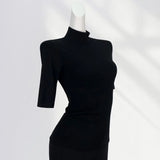 Zingj High Temperament Style Half High Collar Sleeve Bottom Shirt Female Five Sleeve Black With Short Sleeve Slim