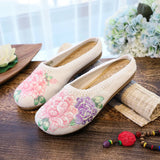 Zingj Single Slippers / Cotton Slippers Linen Peony Embroidered Round Head Flat Cloth Shoes Sandals Embroidered Women's