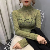 Zingj Color Lace Bottom Shirt Female Spring Versatile Half Turtleneck Small Shirt Jacket Hollow Out Sexy With Long Sleeve Bottom
