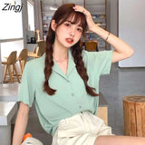 Colors Shirts Women Colorful Simple Notched Sweet Girls Korean Tops Leisure Short Sleeve Student All-match Version Female