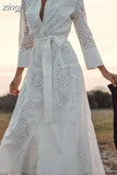 Shirt Dress Women Button Up Midi Dress Female Lapel Long Sleeve Elegant Dress Female Hollow Out White Dress With
