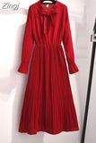 Women Dress Chiffon Elegant Vintage Bow Collar Long Sleeve Autumn Winter Midi Shirt Dresses 2023 Solid Slim Clothes