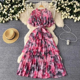 Retro Tea Faint Dyed Print Dress Women Waist Horn Sleeves Thin Temperament Lotus Leaf Side Chiffon Long