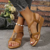 Women 2025 Summer New Korean Version Of The Dew Beaded Women Sandals Bohemian Slope With Fish Mouth