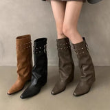 Trouser Boots Women Design Double Buckle With Sharp Head Thick Heel Retro High-Heeled Boots Hot Girl High Boots Tide Women's