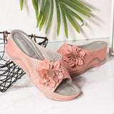 Slopes And Slippers Wearing Women's Summer Leisure Round Head Hollow Pure Color Flowers Decorated Lazy