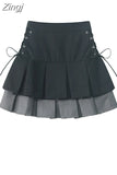 Women's Pleated Skirt Kawaii Gothic Black Mini Skirt Korean High Waist Y2k Harajuku Vintage Bandage A-line Skirt Clothes