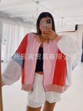 The Ins Hot Ladies Autumn Jacket Fresh Rainbow Color Pure Cotton Oversized Patchwork Baseball Suit-Outfit