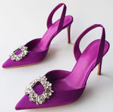 European and American Style Pointed Toe Rhinestone High Heels Niche Design Pumps Summer Women's Mid Heel