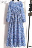 Floral Print Women Dress Spring Summer Casual O Neck Long Sleeve Chiffon A Line Long Maxi Dress Party