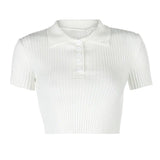 Zingj Collar Top Women's Short Sleeve Knit Shirt Short Summer White Lapel Striped Niche Slim