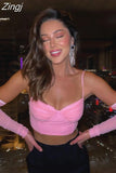 Sexy Pink Crop Top with Gloves Female Fashion Y2K Cleavage Square Neck Sleeveless Tanks Top Casual Streetwear