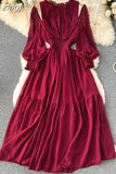 Vintage Purple/Green/Orange Women Draped Long Dress Elegant Ruffle Collar Hollow Out High Waist A-Line Vestidos