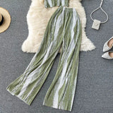Striped 2pcs Set Women Summer Stand Collar Short Sleeve Tops + High Waist Pants Pleated Draped Suit Female